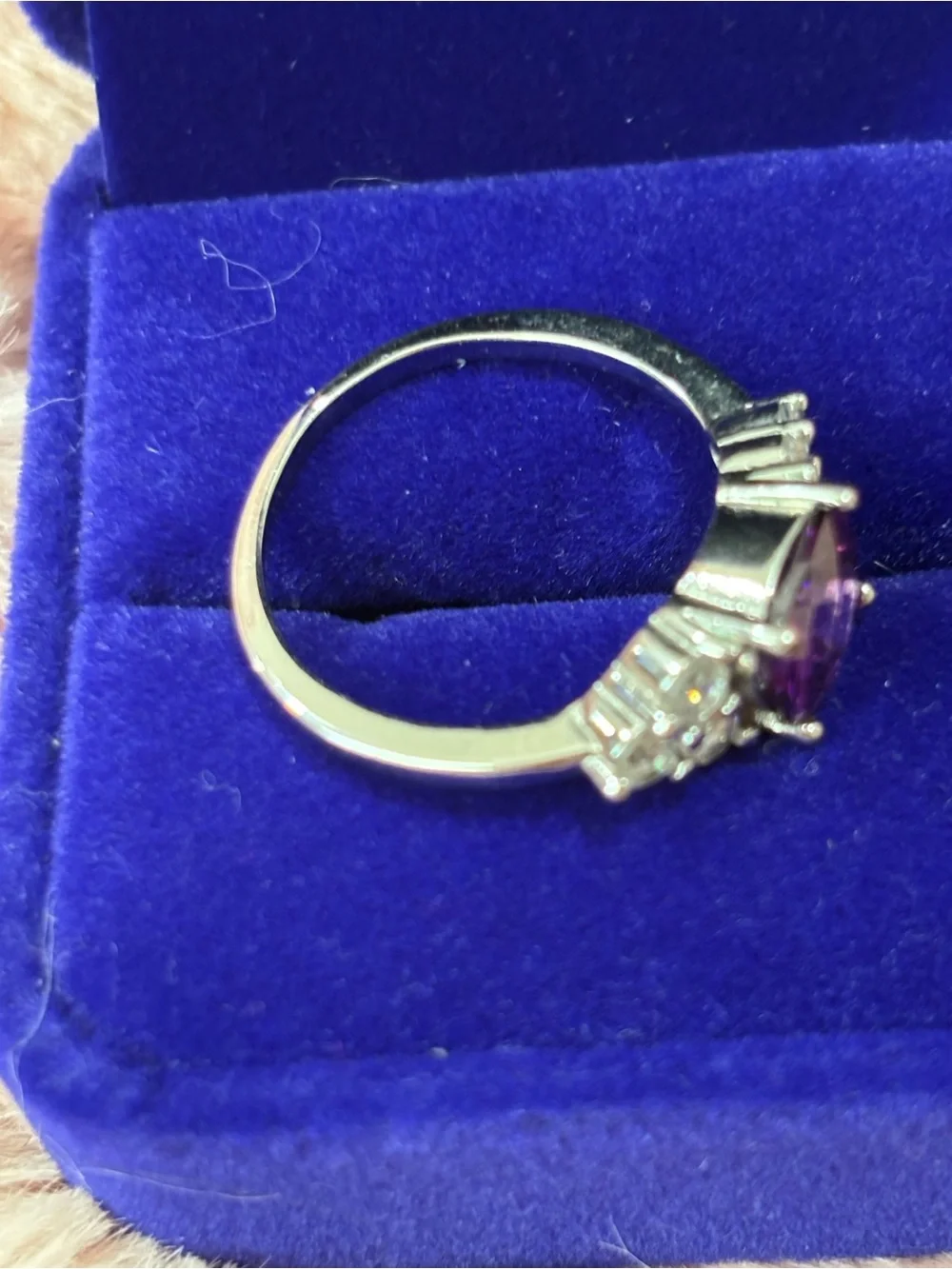 Silver tone Cushion-Cut purple Gemstone Ring with Accent Stones